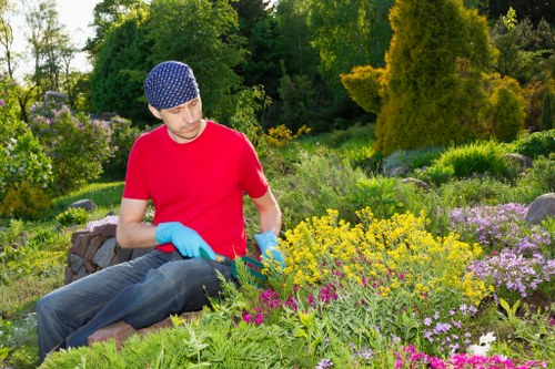A gardener wearing a red t-shirt, blue gloves, and a blue patterned beanie is sitting on a low stone bench in a well-maintained garden in Upminster, surrounded by a variety of flowering plants, shrubs, and trees. The garden features densely planted flower beds with purple, yellow, and pink blossoms, alongside lush green foliage, creating a colorful and vibrant outdoor space. In the background, there are tall, mature trees and landscaped areas with different textures and heights, contributing to a peaceful and natural environment. The scene appears to be set on a bright, sunny day with clear skies, enhancing the natural tones of the garden. This scene exemplifies professional outdoor maintenance and gardening services, with attention to plant arrangement, health, and aesthetic appeal typical of a well-kept UK garden that Lawn Mowing Upminster might service.